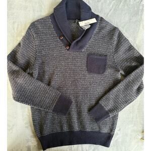 J Crew Sweater Mens S Blue 100% Lambswool Shawl Collar Heavyweight Bird's Eye